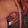 Half tooled Vaquero Lace with Daffodil flower Wade Saddle
built on a 94 degree bar that fits a well built muscular shoulders -
The seat is finished at 15 & 1/2 inch with a close contact deep pocket fit -
Gullet is 7 & 1/2 inch height by 6 & 1/2 width with the back hand hole width at 4 inch -
Horn is 6 inch height by 5 and 1/2 inch width Guadalajara at 31 degree pitch - Cantle is 4 and 1/2 inch in height by 12 & 1/2 in width with a Cheyenne roll - Flat plate riggin at 7/8ths
- leather lined 5 inch Stainless Steel Moran Stirrups .